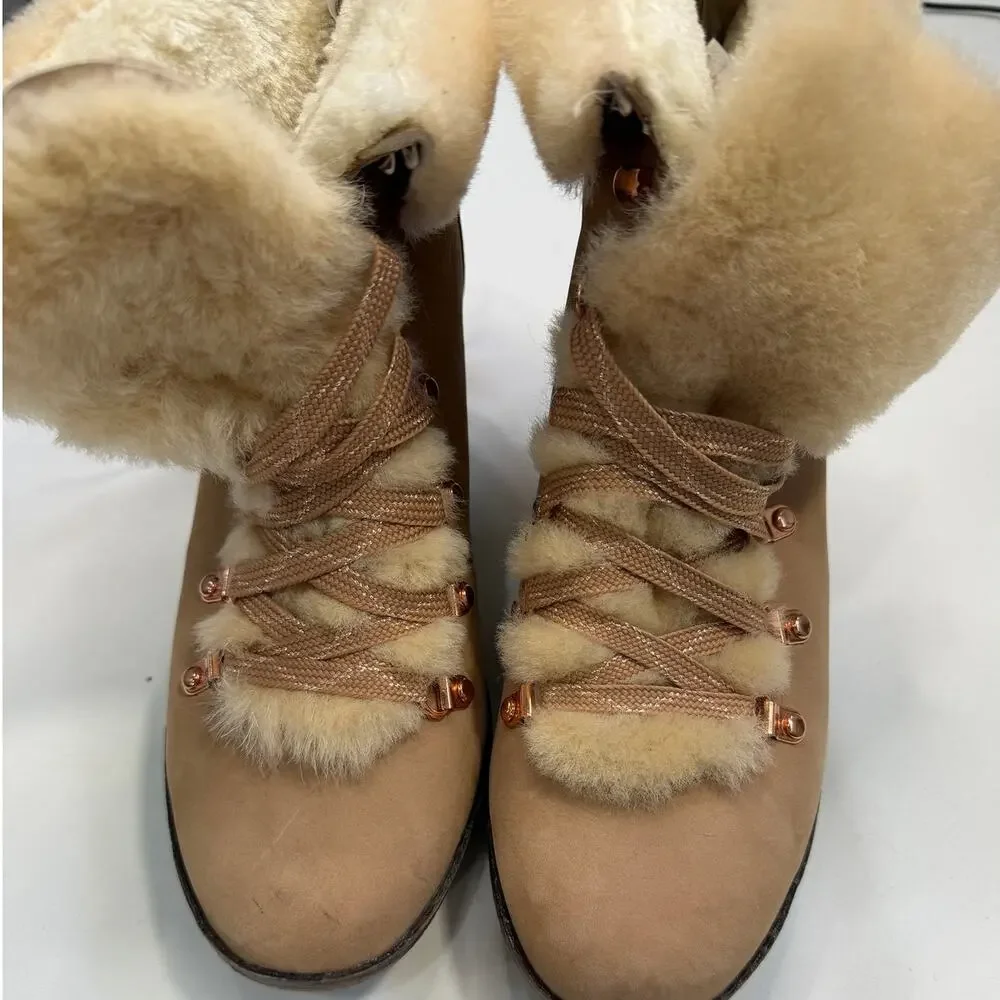 J.Crew Nordic Shearling Wedge Boots Size 9 Nubuck Leather Fur Lined Après Ski
